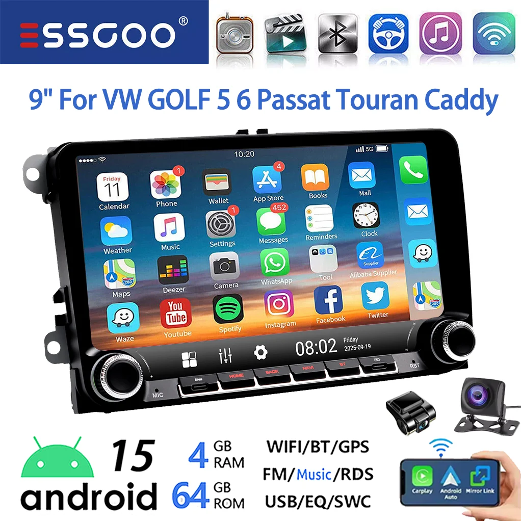 ESSGOO Android 15 9 inch 64GB voor VW GOLF 5 6 Plus Touran Caddy Draadloze Carplay Autostereo Radio GPS NAVI WIFI SWC RDS BT USB Type-C