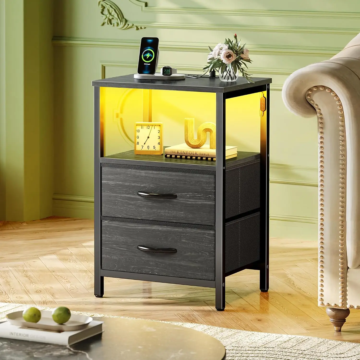 Nightstand with LED Lighting and Charging Station, 2-Drawer Bedside Table