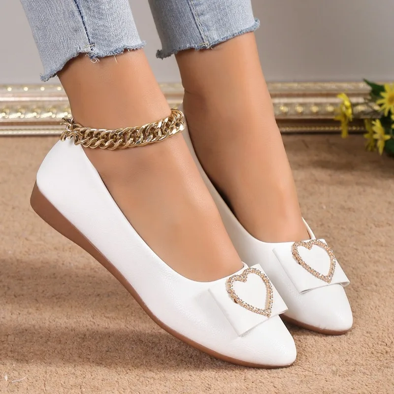 Spring Woman Flats Shoes Ballets Metal Buckle Bow Lady Fall Girl Ballerina Dress Pointed Toe Slip on Ol Office Patent Leather