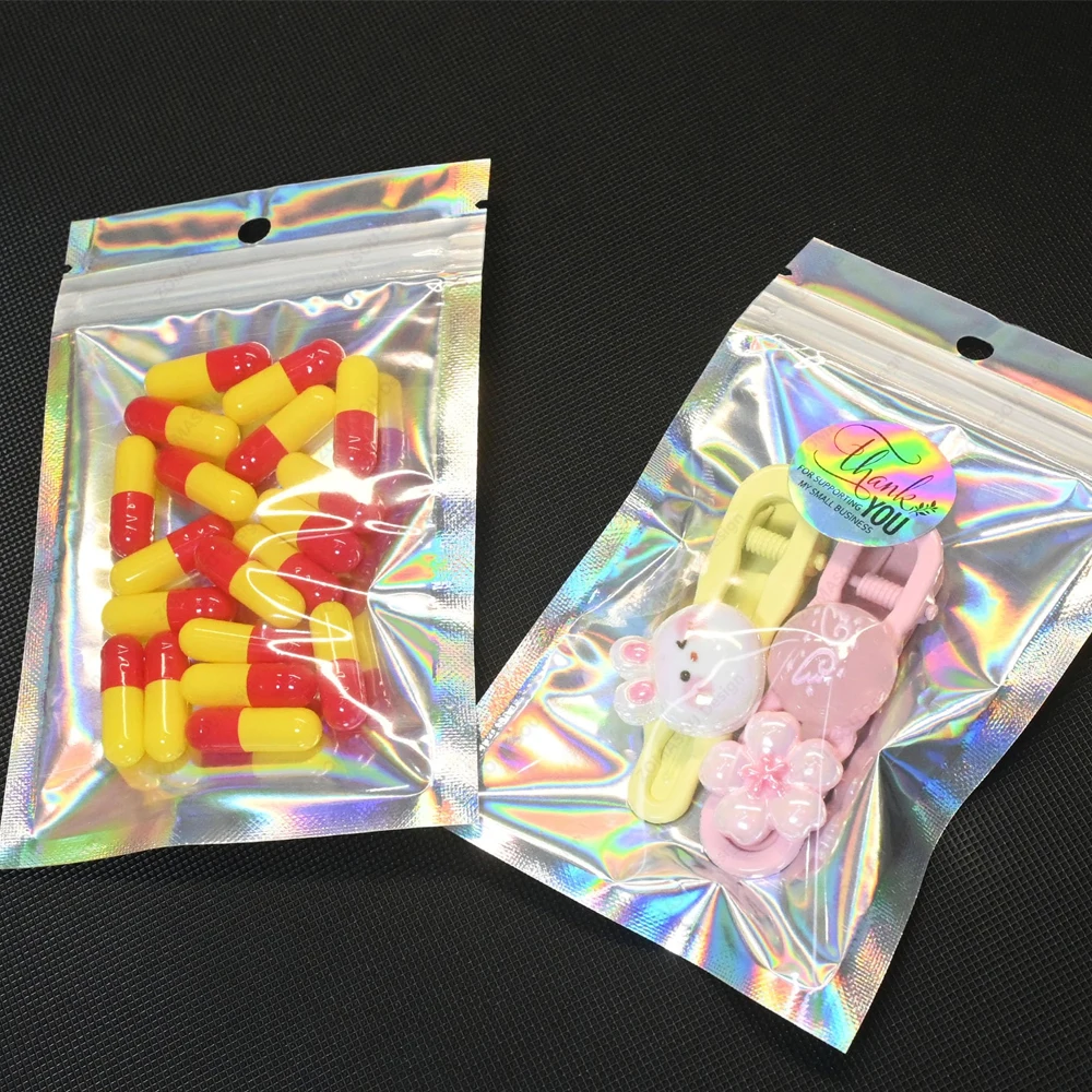 200-1PCS Laser Versiegelung Taschen Farbe Kunststoff Holographische Süßigkeiten Lebensmittel Beutel Wiederverschließbare Halskette Schmuck Geschenk Verpackung Lagerung Tasche – Detail 10