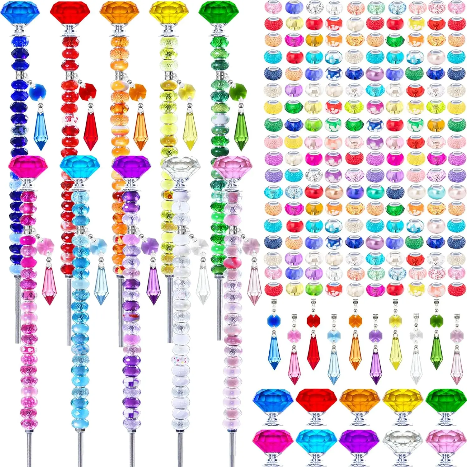 

247 PCS Beaded Garden Stakes Kit, DIY Fairy Wand Garden Stake Beads Kits with Assortment Large Hole Beads 10 Crystal Stopper Top