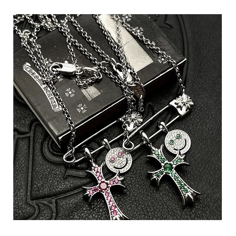 

Thai Silver White Gold Full Diamond Large Cross Diamond Pin Necklace Collarbone Chain High-end Sense Autumn and Winter