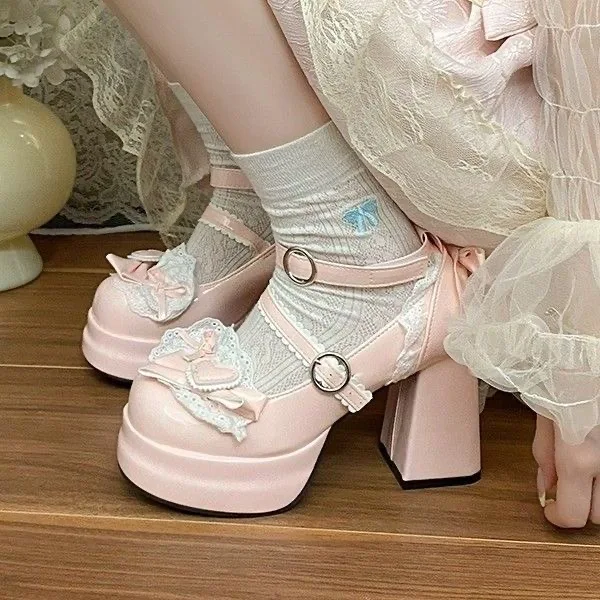 Pink High Heel Single Shoes for Students Cosplay Comic Show UG Booties Fashionable Sweet Style  Knot PU Leather