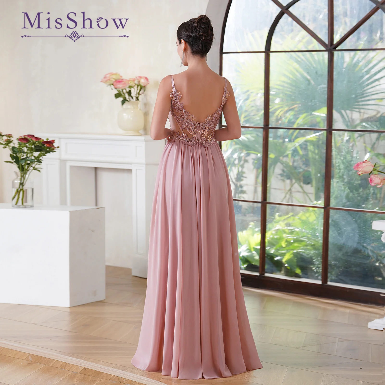 MisShow Elegant Dusty Rose Spaghetti Strap Prom Dress with Applique Fishbone Illusion V-Neck Evening Formal Party Gown for Women