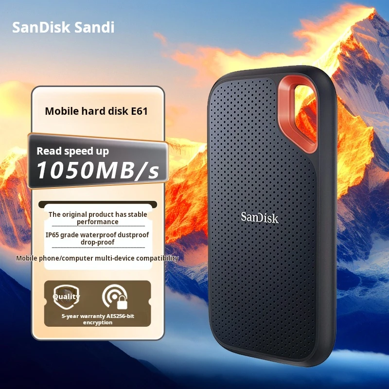 

Портативный твердотельный накопитель SanDisk Type-C USB 3.2 NVMe 1 ТБ (PSSD), E61 Premium Edition, 1050 МБ/с, портативный твердотельный накопитель