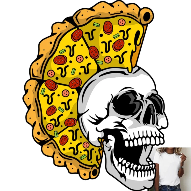 Cool Skull Pizza Print Heat - Transfer White Ink Iron - on Sticker, Street Style, Suitable for T - shirts/Canvas Bags, Casual &