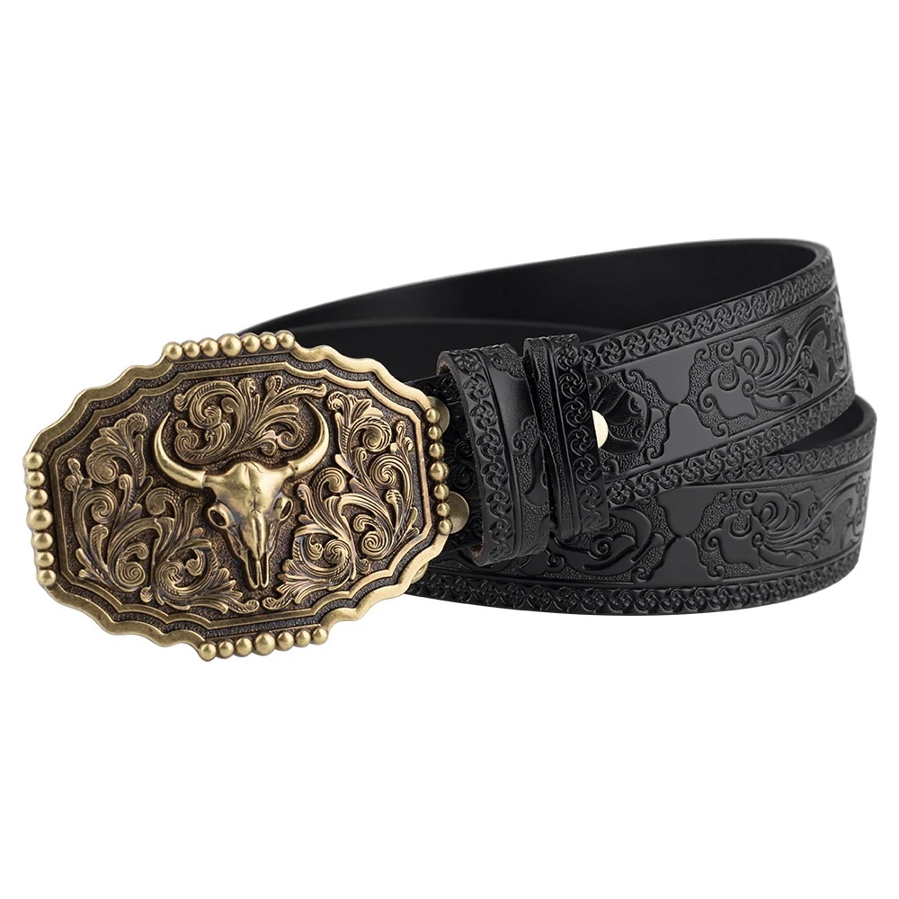 Cow Head Buckle Bronze Embossed Leather Belt