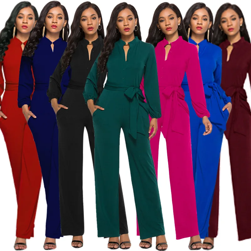 Temperament Solid Color Slim Jumpsuits Women Fashion Long Sleeve Buttons High Waist Leace-up Jumpsuit Ladies Commuting Clothing