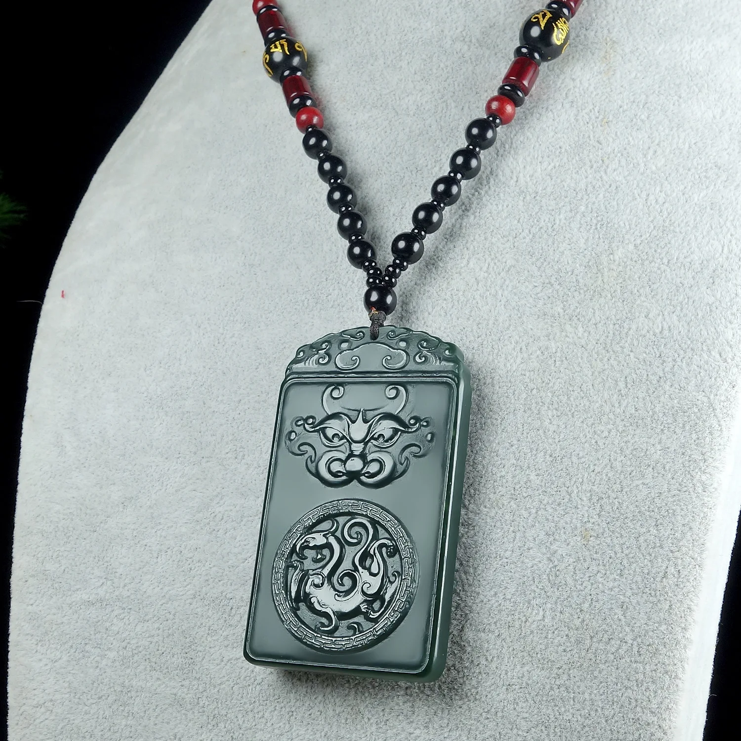 Fine Jewelry Natural Hetian Nephrite Jade Qingyu Erxian Double sided Beast Head Brand Men's Style