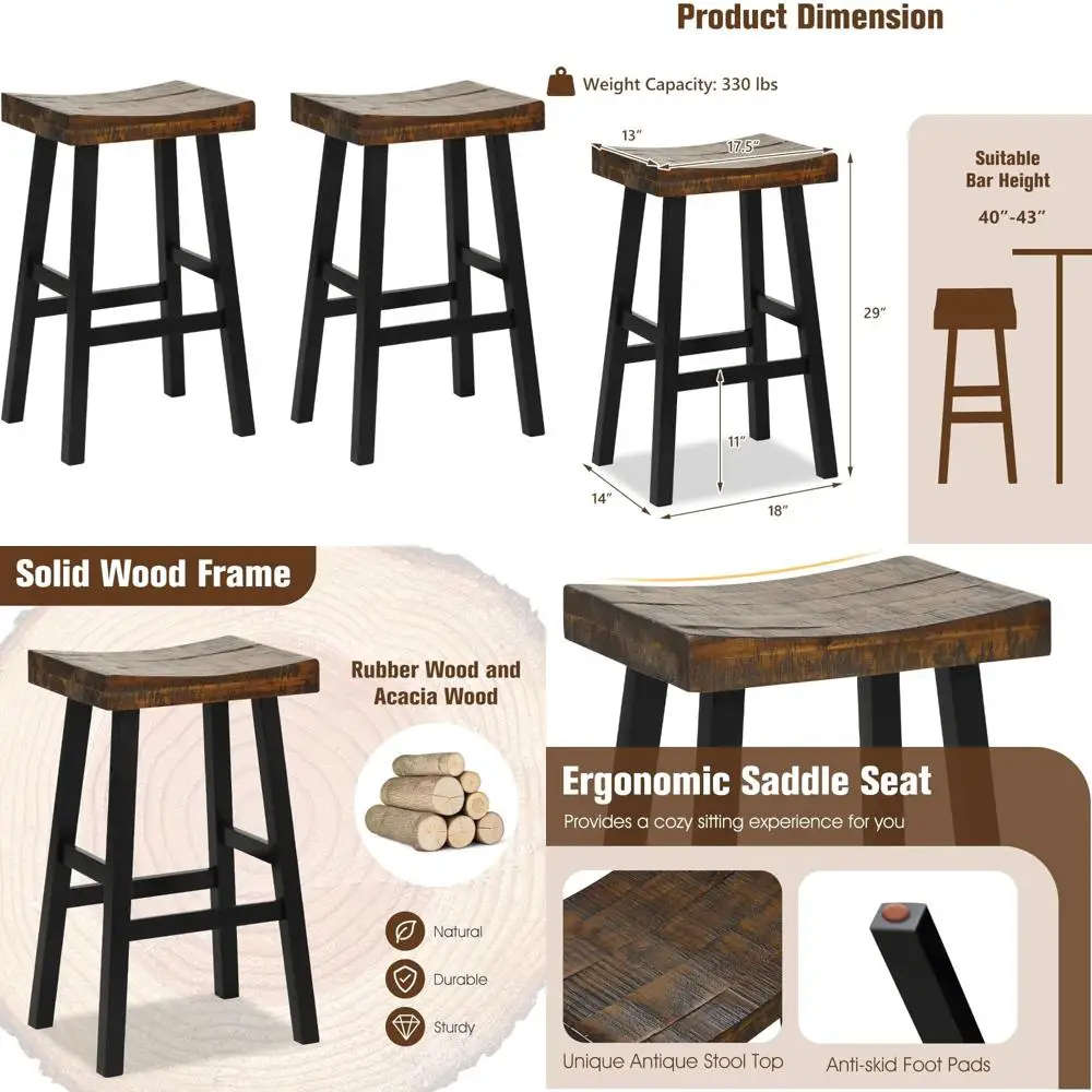 Set of 2 Wooden Saddle Bar Stools, 29-inch High Backless for Kitchen Island, Dining, Pub Use