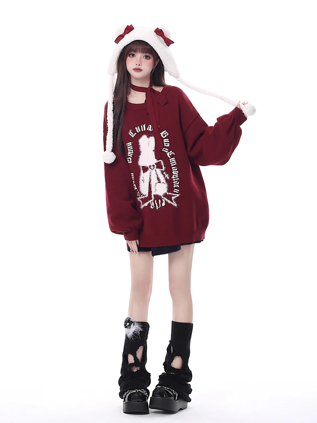 REDDACHiC Bunny Christmas Sweater Pullover Lantern Sleeves Casual Oversized Top