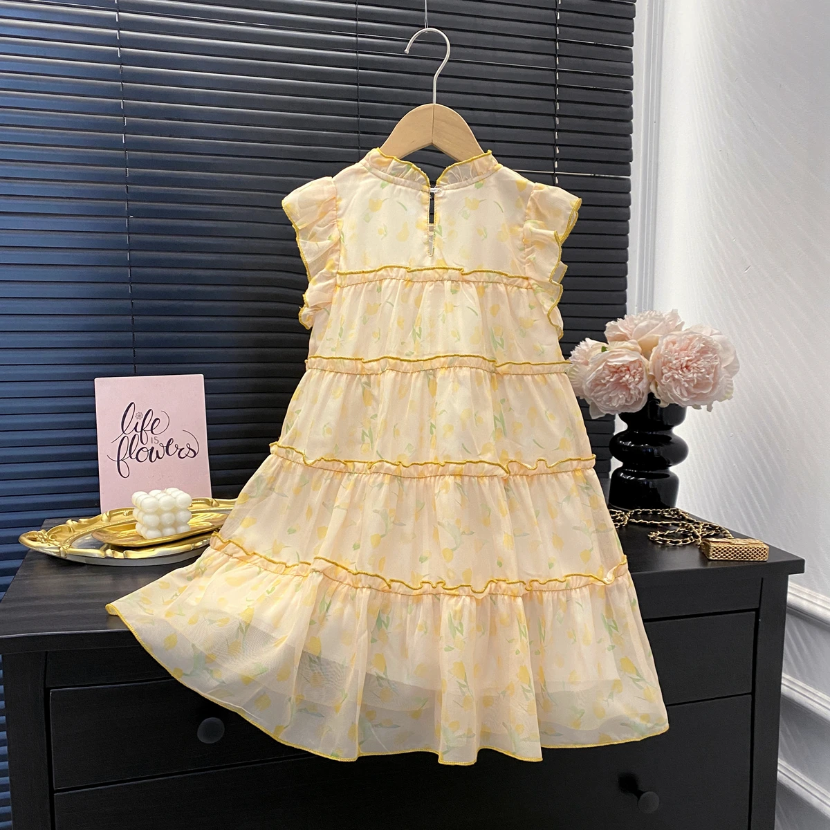 Round Neck Princess Dress Summer Floral Print Mesh Comfortable Cake Dress Girls Clothes  Sleeveless  Kids Costume