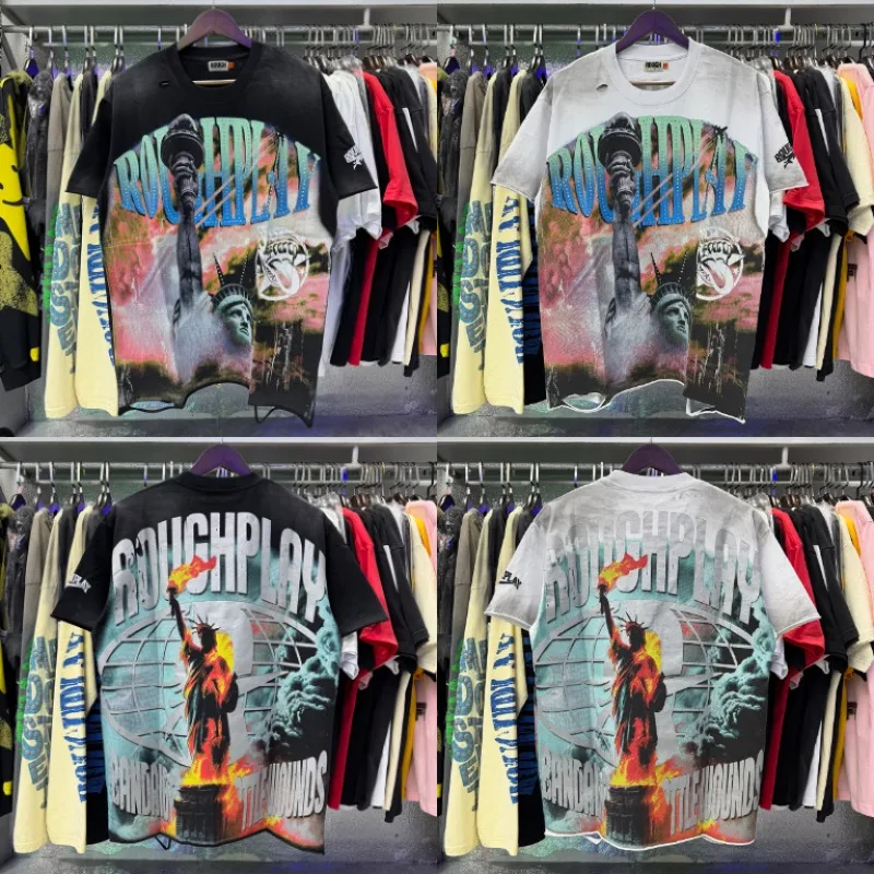 2026SS Rough Play Men's T-Shirt Retro Gradient Crewneck Liberty Statue Print Ripped Edge Vintage Street Top
