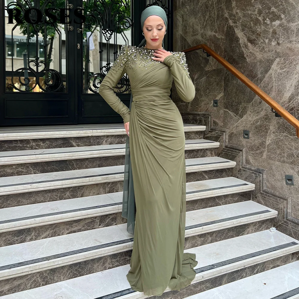 

ROSES Olive Green Elegant Round Neckline Prom Dress Shiny Rhinestones Prom Gown Long Sleeves Mermaid Evening Dresses Customized
