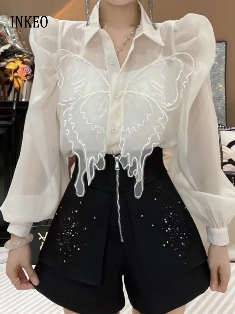 Fashion butterfly embrodiery blouse for women See-through Sexy Organza Puff sleeve shirt 2024 Summer Sequined top INKEO 4T187