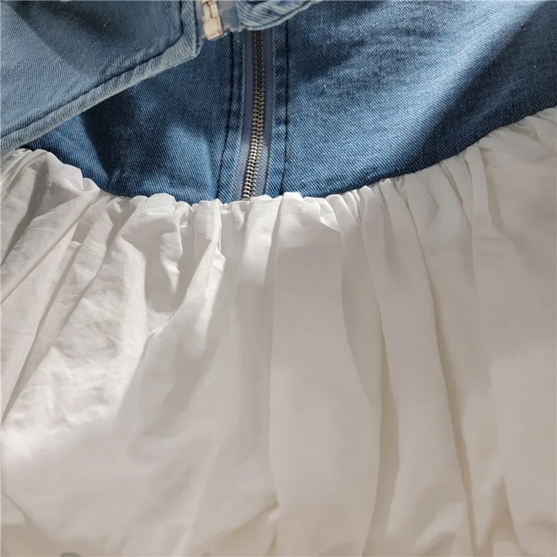 Fake Two-piece Design Denim Splicing A-line Skirt Female Fashion Street Hottie Puffy Short Skirt