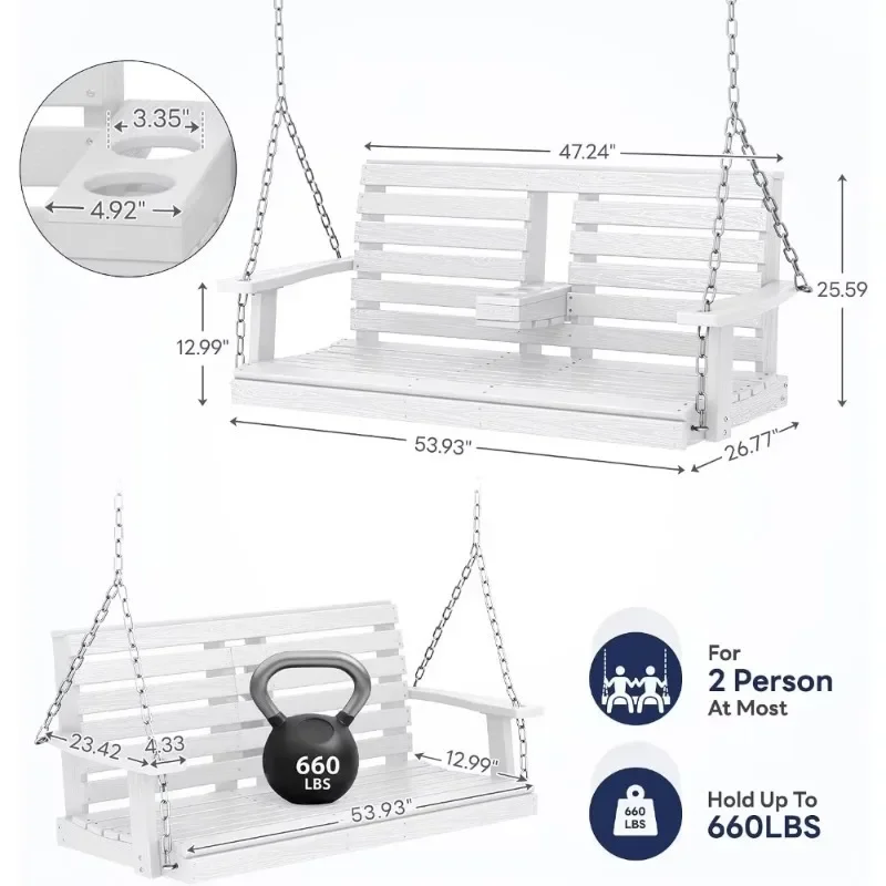 B6 hw-23  Outdoor Hanging Swing With Cup Holders - Waterproof, 660LBS Capacity, White For Yard And Garden Use