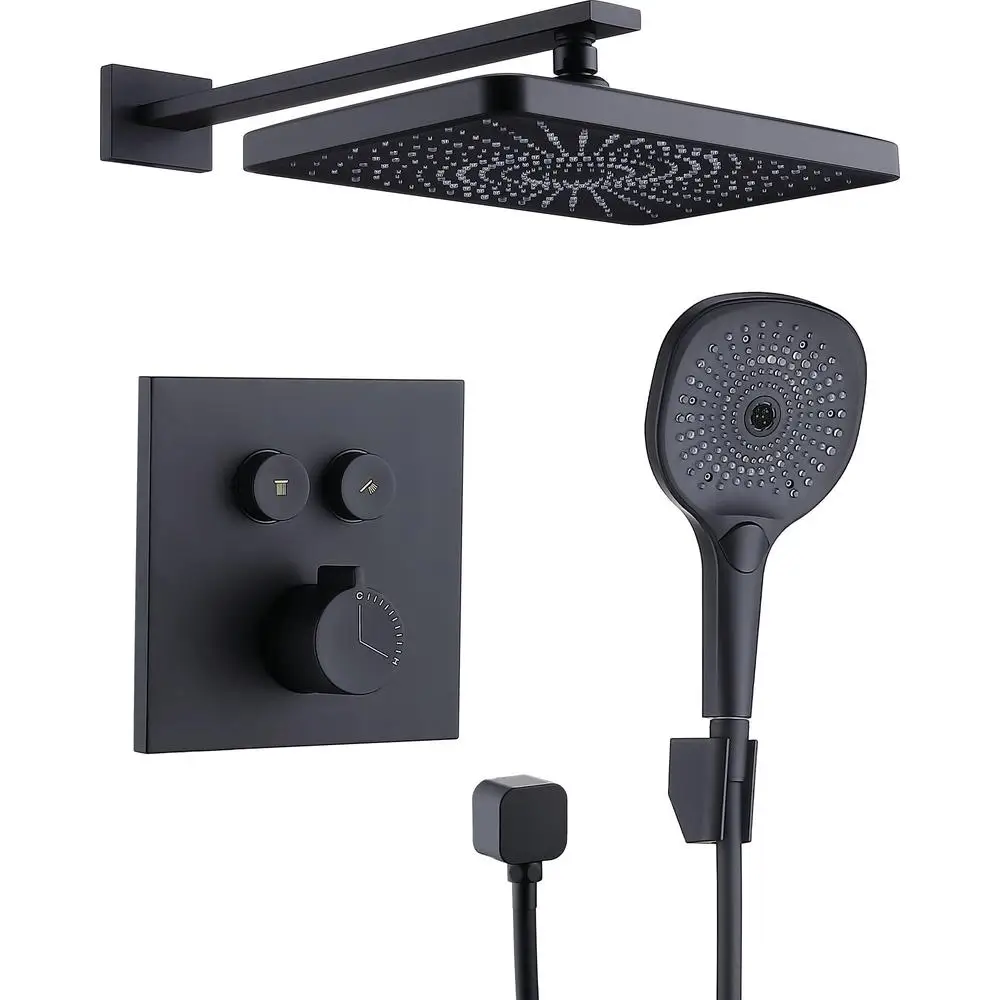 12 Inch Matte Black Shower System with Rainfall and Handheld Heads Pressure Balance Valve Easy Clean Nozzles Multiple Functions