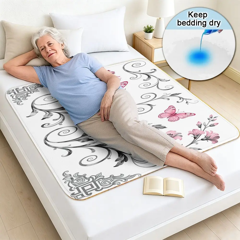 Washable & Reusable Care Urine Pad, Black Swirls Pink Butterflies And Floral Designs, Incontinence Bed Pad for Adults & Elderly