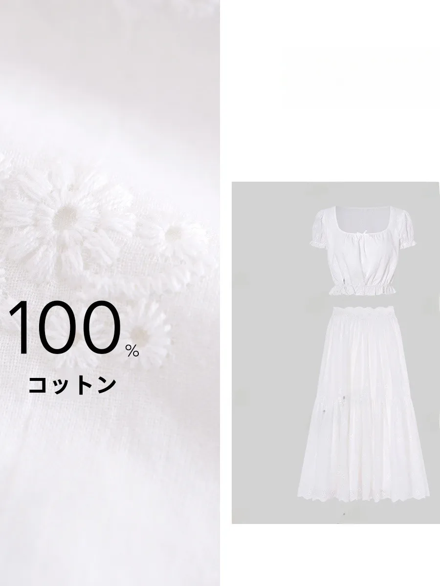 

Romantic Embroidery Pure Cotton Top And Half Skirt Set Summer Fashion Women's Outfit French Style Holiday in Chiang Mai