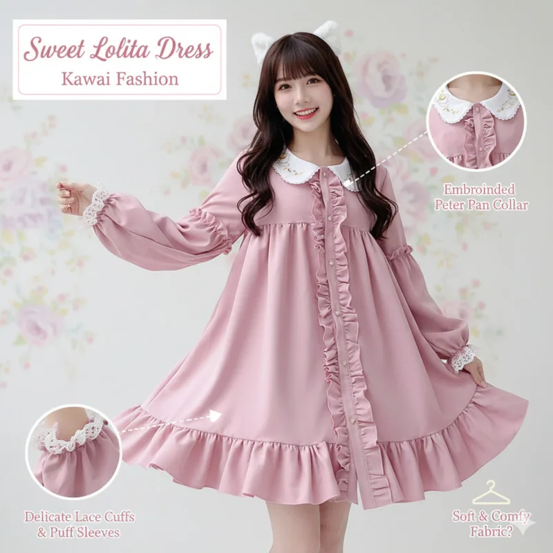 

Lolita Starry Sky Dresses Japan Chiffon Long Sleeve Puff Dresses Kawaii Star Print Outfit Girl Princess Cute Elegant Skirt New