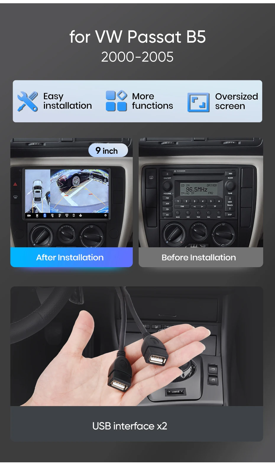 Junsun Autoradio für VW Passat B5 2000 2002 2003 2004 2005 CarPlay Android Auto FM RDS DSP BT GPS Navi SWC HD IPS Touchscreen Plug & Play Multimedia-Player Freisprecheinrichtung Original-Autostil-Haupteinheit – Detail 4