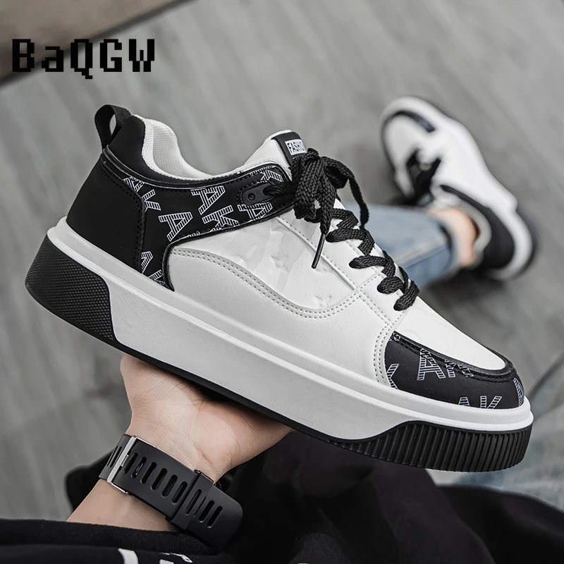 

2026 Color-blocked Thick-soled Low-top Letter Print Fashion Casual Leather Sneakers for Men Women Daily Walking Streetwear Shoes