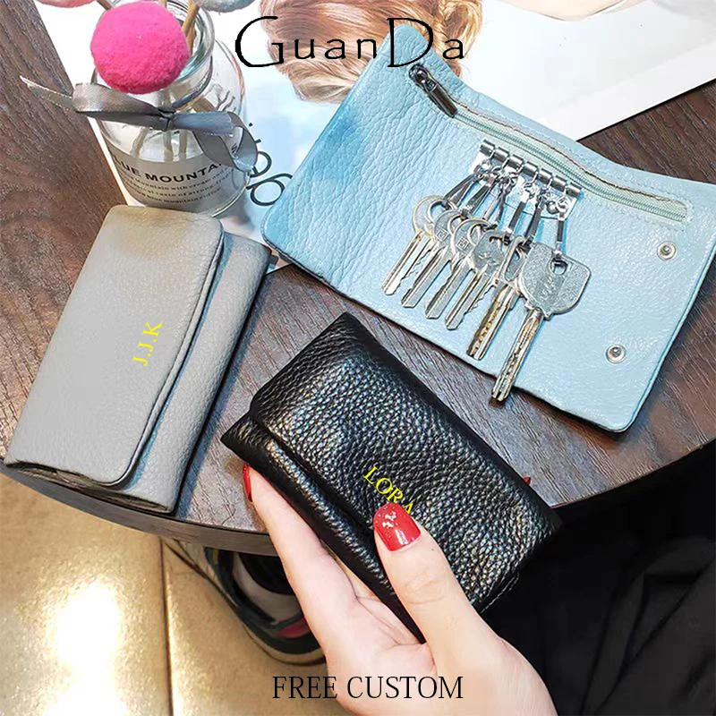 

Luxury Genuine Leather Key Chain Wallet Cowhide Custom Initials Coin Purse Fashion Personalized Zip Card Holder Woman Man Pouch
