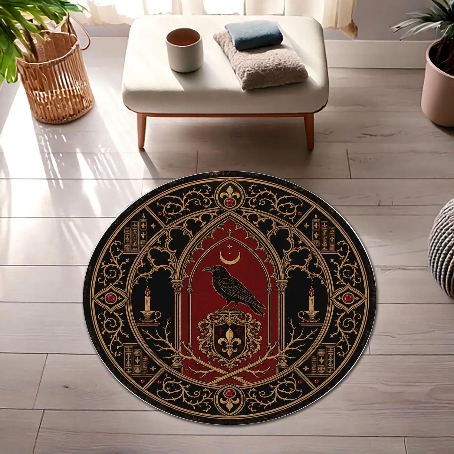 [Room Decoration Carpet] Raven Crest Round Carpet Gothic Heraldic Carpet Dark Academy Style Victorian Style Moon Decoration