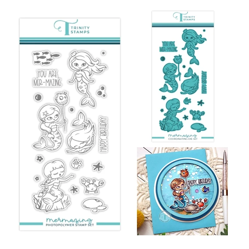 Mermazing Metal Cutting Dies Clear Stamps Set Scrapbooking For Paper Making Happy Birthday Frame Card Craft