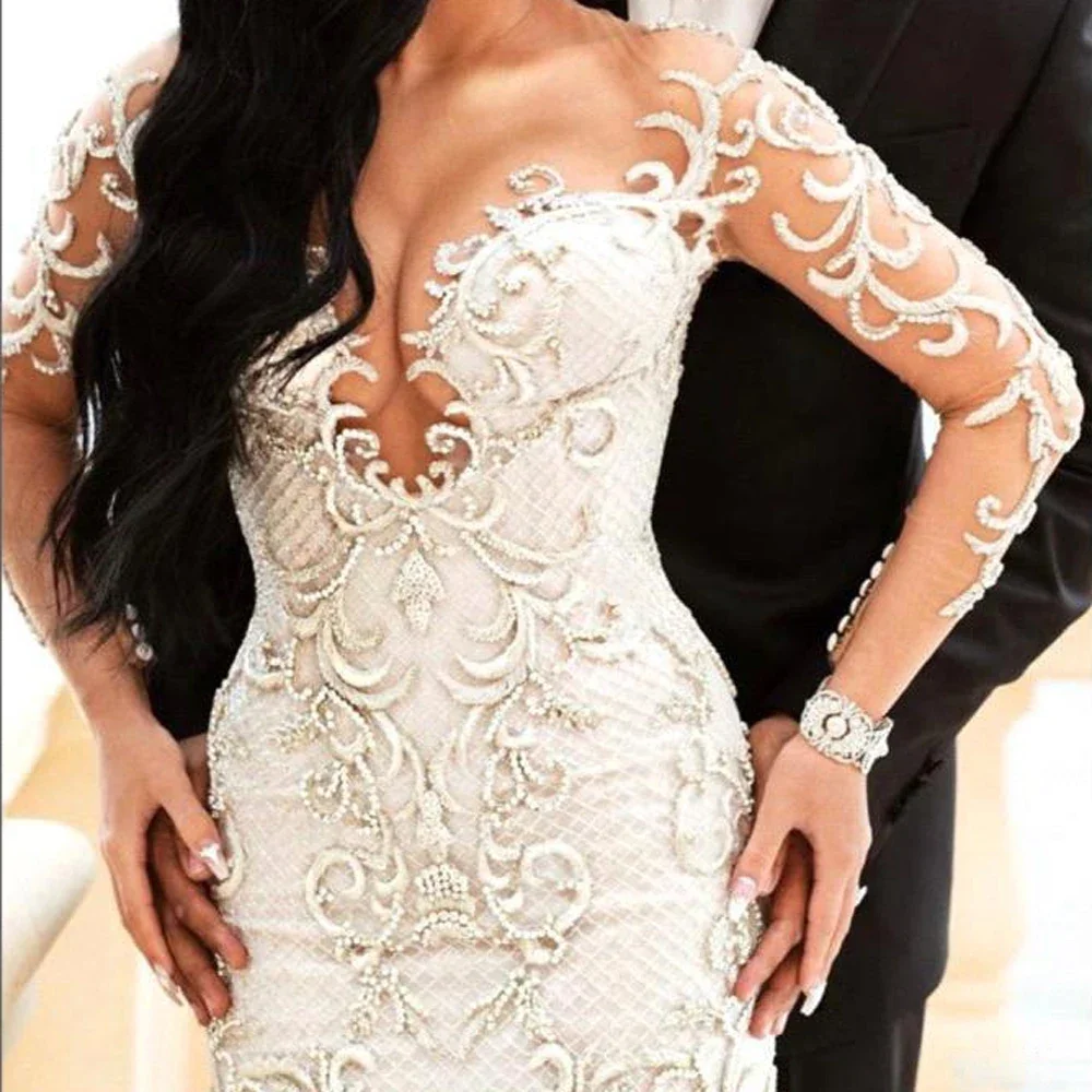 Vestidos de Novia de sirena de encaje blanco, vestidos de Novia de tul de manga larga con escote en forma de corazón, Vestido largo de lujo con apliques de África para mujer, Vestido de Novia