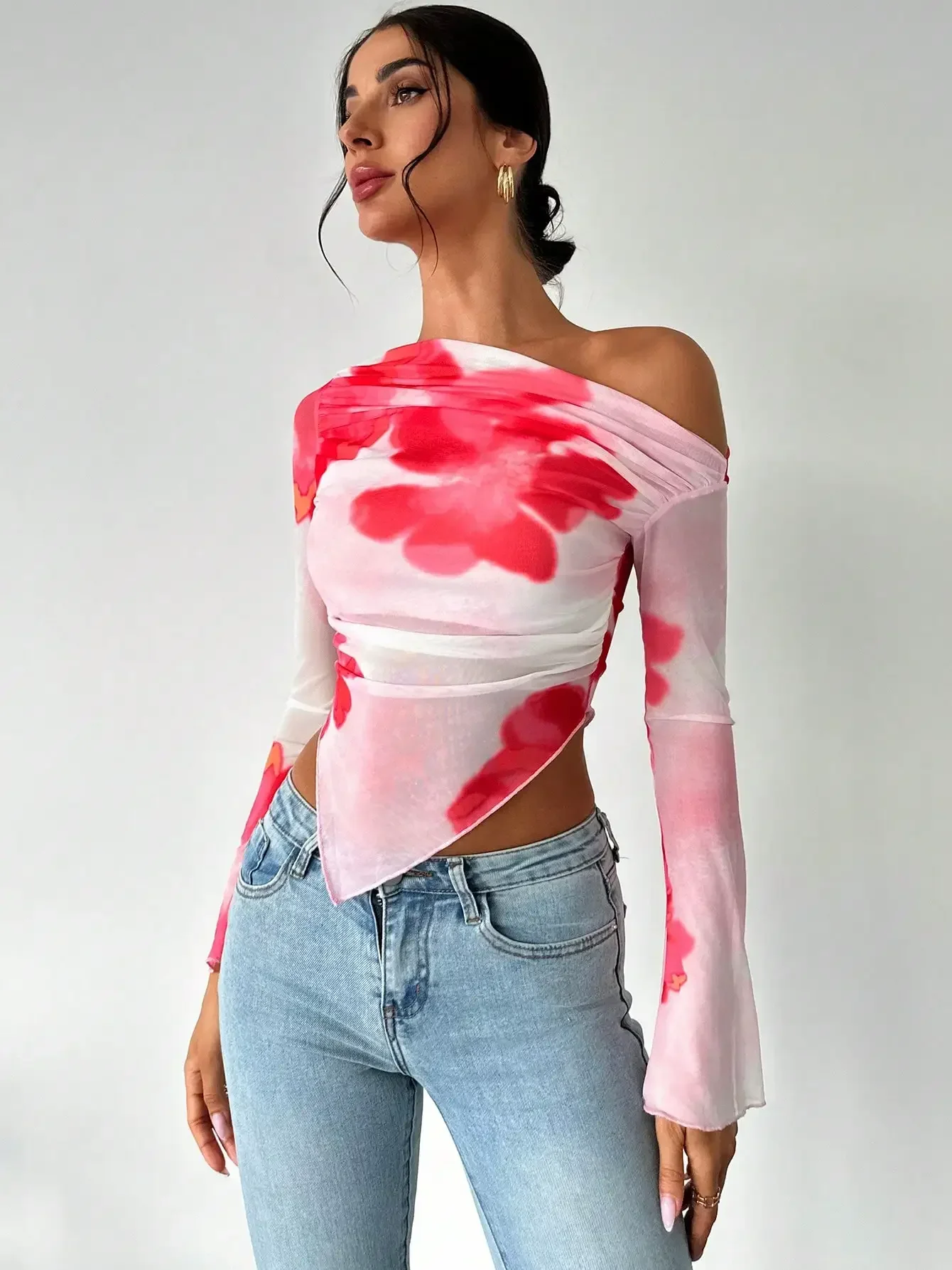 

Sweet Spice Personality Style Mesh Print Diagonal Shoulder Long Sleeve Top Irregular Off-the-shoulder Short Top for Women