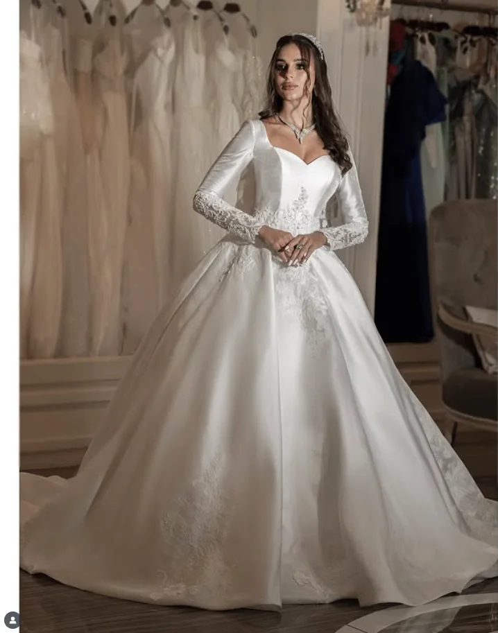 Langarm Brautkleider mit quadratischem Ausschnitt, Applikation, Perlenspitze, A-Linie, Prinzessin, Kirche, Brautkleid, maßgeschneiderte Vestidos de Novia