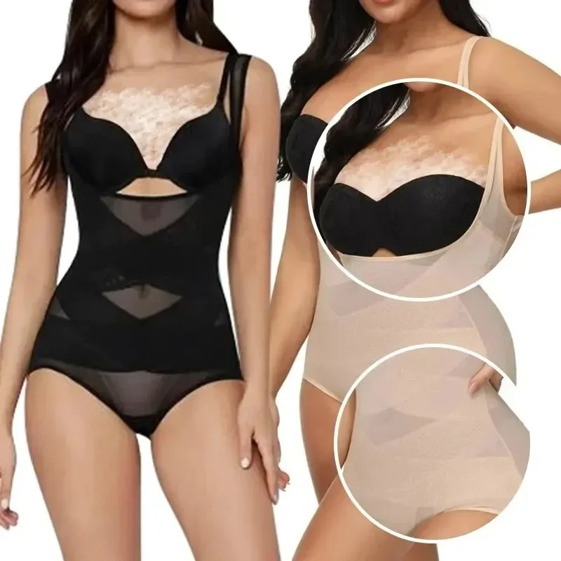 Women Full Body Shaper Underwear Seamless Bodysuit Briefs Tummy Control Shapewear Mesh Slimming Flat Belly Underbust Corset