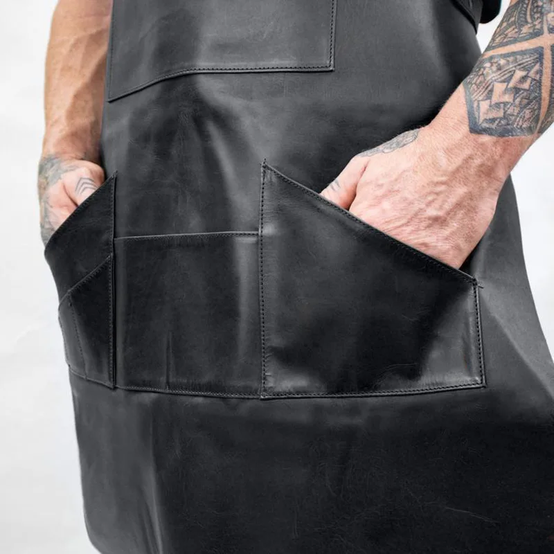 Brown Black Microfiber Pu Leather Apron Work Shop Aprons With Pockets Working Uniform For Barista Bar Artisan Gardener Cooking