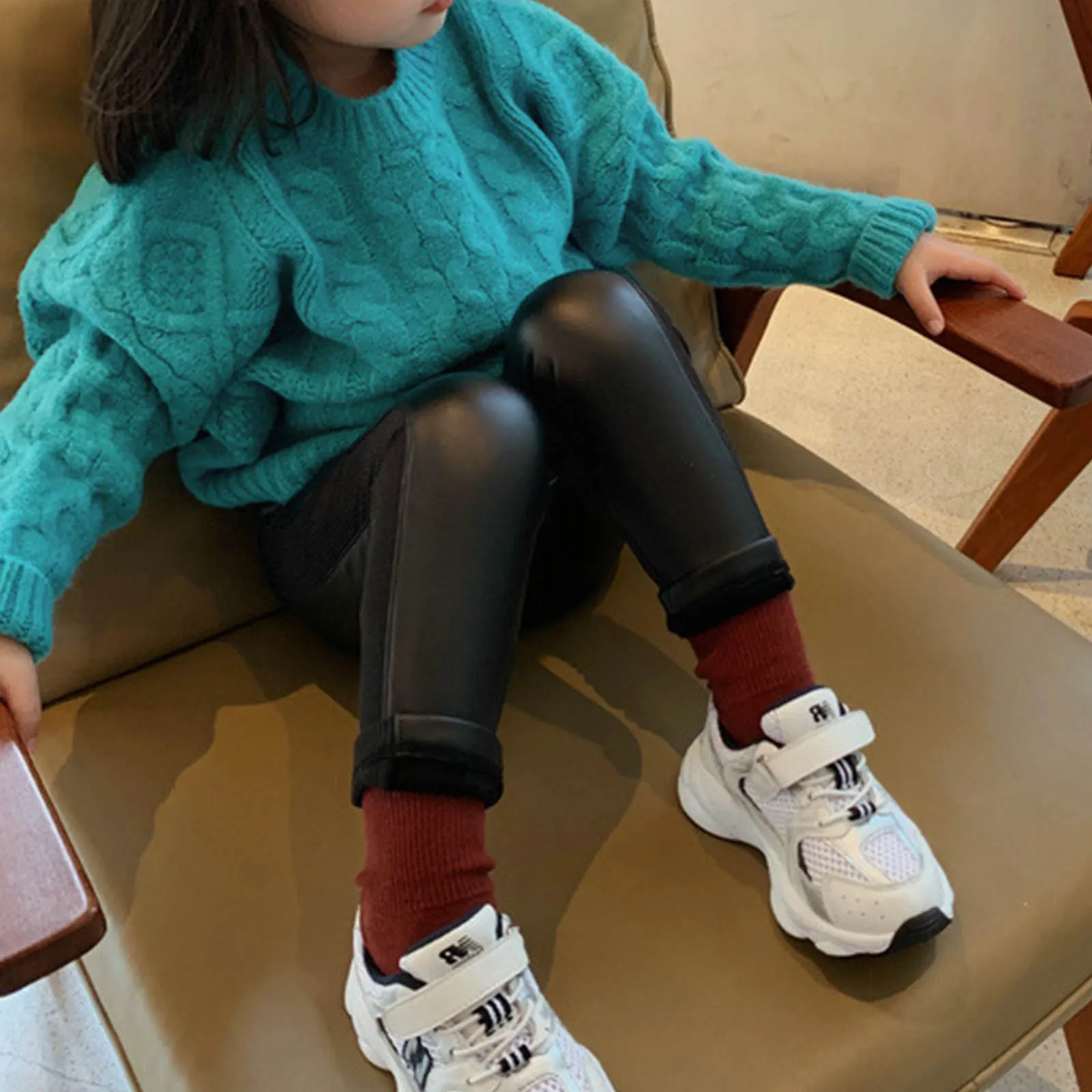 Baby Girls Leggings Trousers Autumn Winter Soft Leather Elastic Fleece Warm Breathable Slim Fit Solid Color Casual Pencil Pants