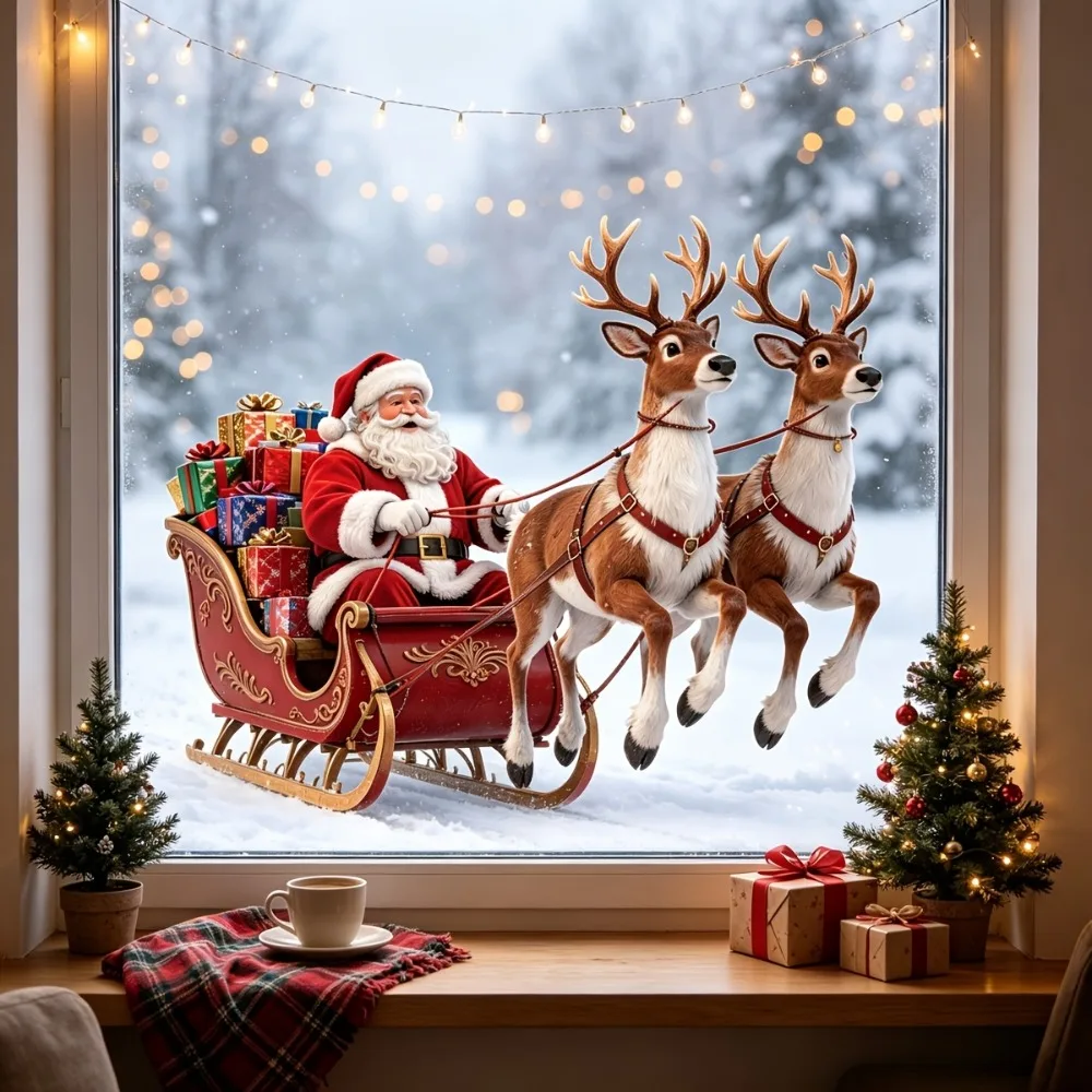Classic Santa Reindeer Sleigh Static Window Clings,Glue-free Removable Privacy Glass Decals,Sun-resistant Without Damaging Glass