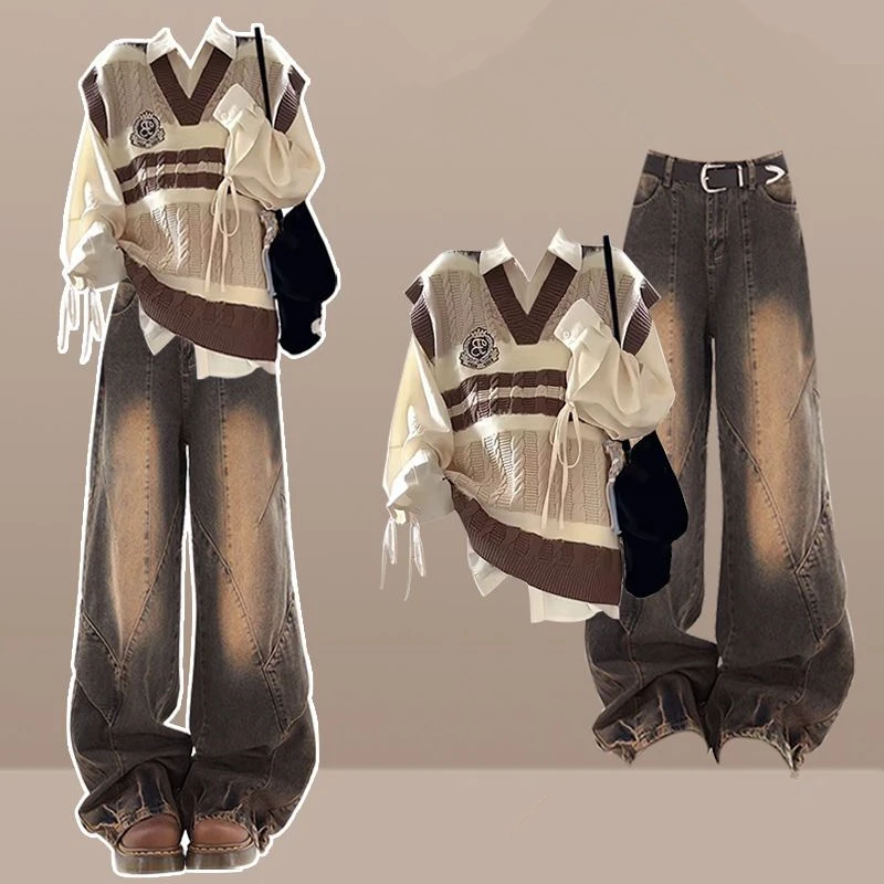 

Women Knit Vest Bandage Shirts Wide Leg Pants Three Piece Set Lady Patchwork Tank Sweater Jeans SuitsPreppy Style Spring Autumn