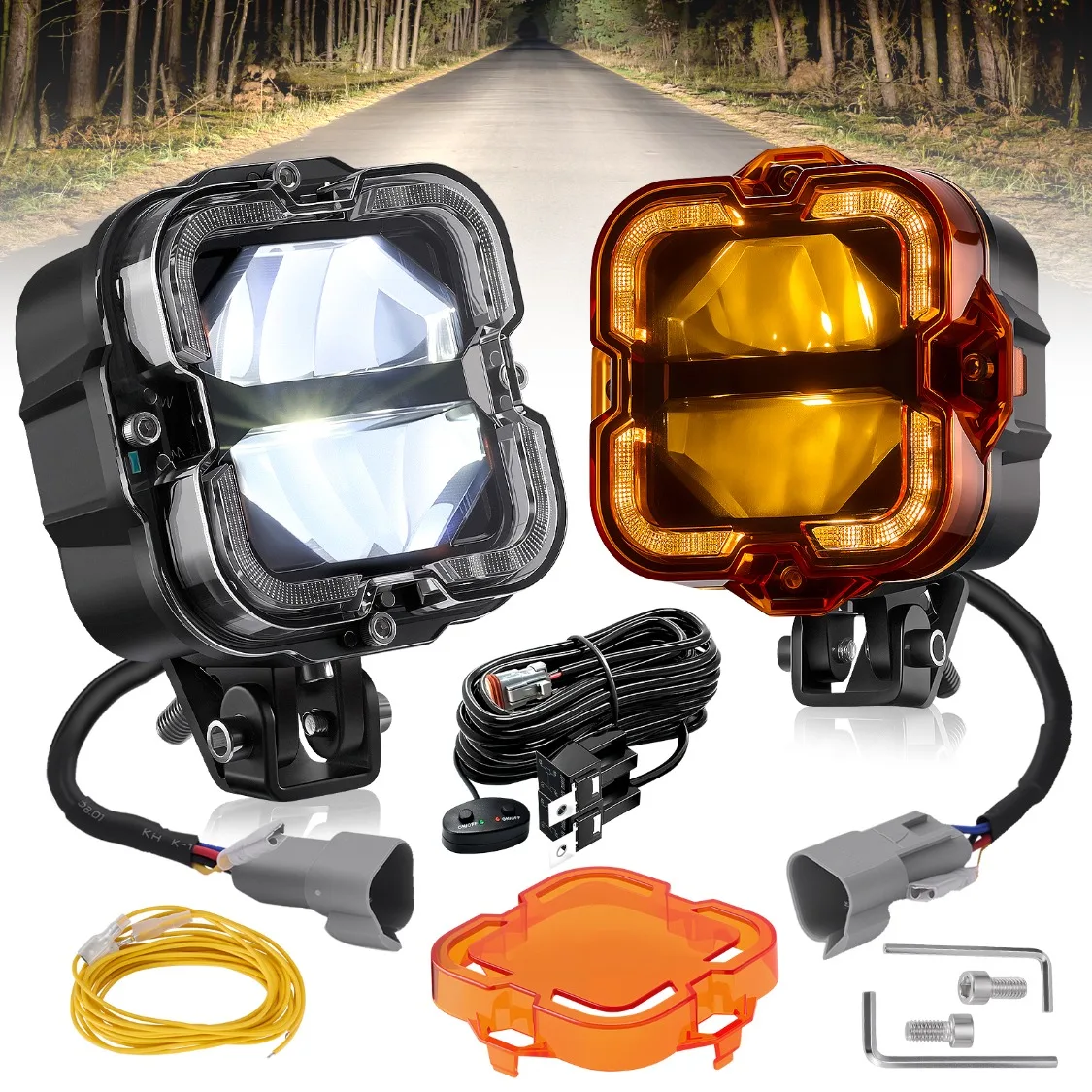 

4.5Inch Square LED Pods with Amber DRL, Universal Fit for Truck SUV ATV UTV, 2PCS