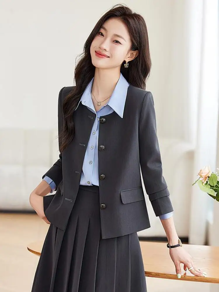 ฤดูใบไม้ผลิฤดูใบไม้ร่วงชุดผู้หญิงสีดําสีเทา Elegant รอบคอเดี่ยว Breasted Blazers Coat + เอวสูงจีบกระโปรง Midi 2 ชิ้นชุดใหม่