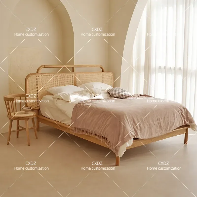 Wind Solid Wood Rattan Bed Japanese Modern Light Luxury Double Bed Household Homestay Furniture