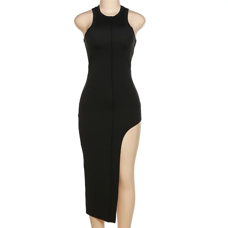 Robe mi-longue découpée sur le côté pour femme, monochromatique, hipster, col rond, taille en forme de fibre, batterie décontractée, streetwear sexy pour femme