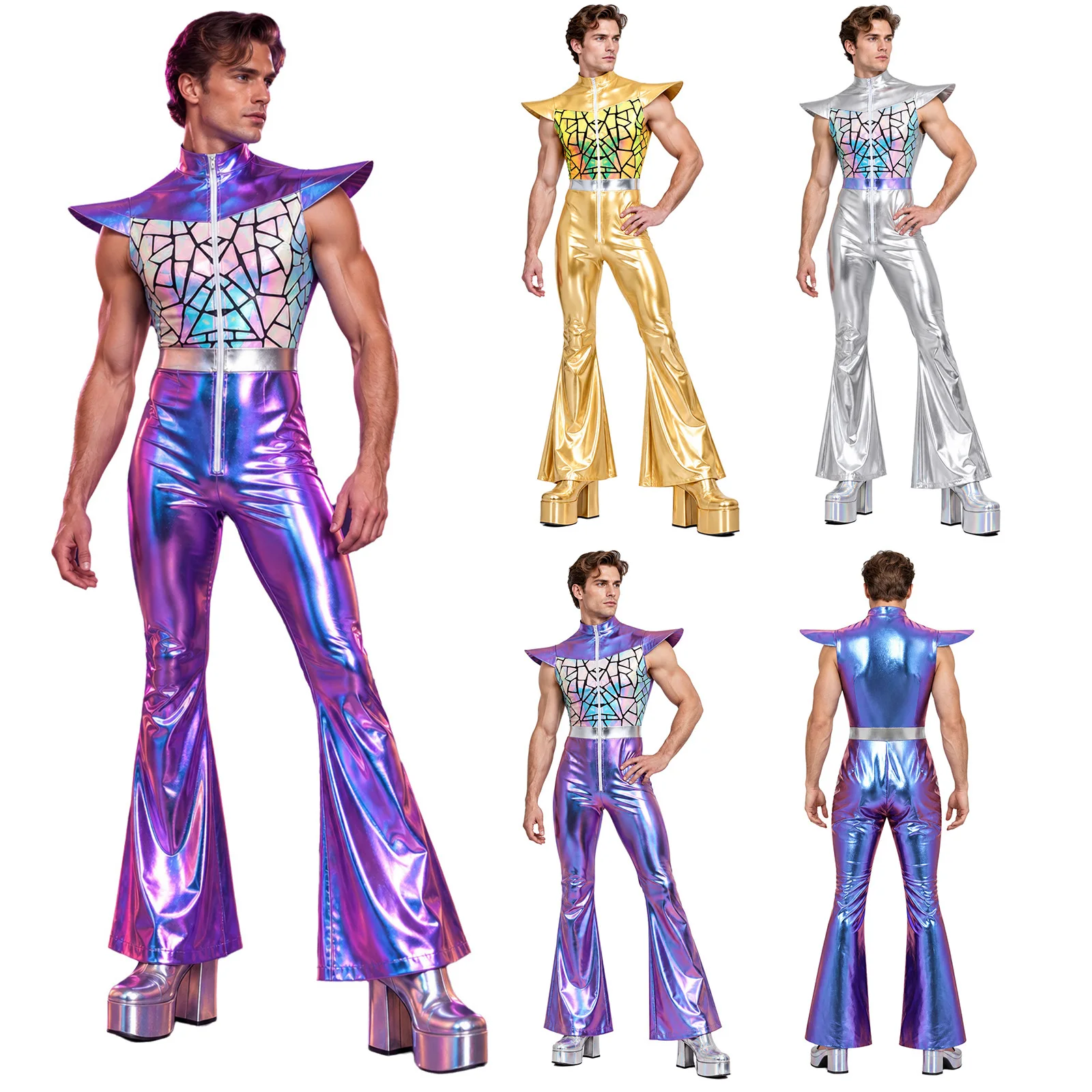 Mens Retro 70s Disco Dance Clubwear Jumpsuit Fly Sleeve Front Zipper Gradient Sequined Romper for Halloween Fancy Party Dress Up view 5