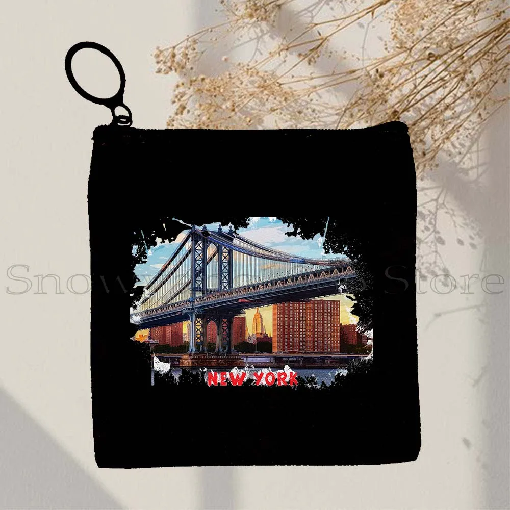 

New York United States Watercolor Ink Oil Painting Canvas Key Coin Purse Bag Card Outdoor Storage Lipstick Wallet Zipper Pouch