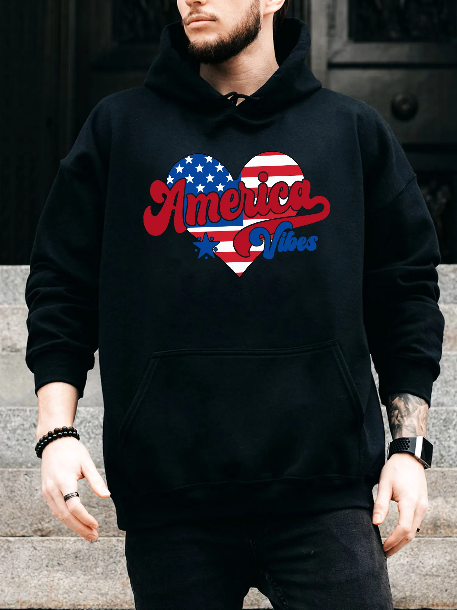 Retro America Vibes Men's Drawstring Hoodie - Casual Comfortable Black Pullover, Fall & Winter Hooded Sweatshirt