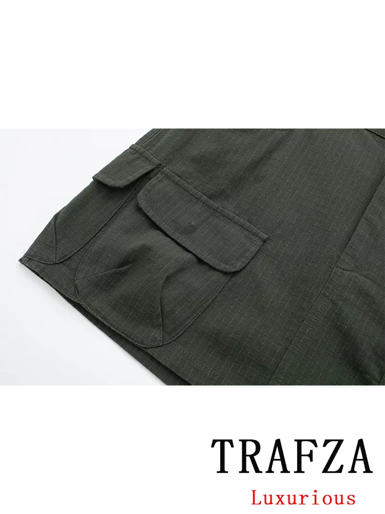 TRAFZA Casual Vintage Chic Women Skirt Solid Button Pockets Straight Mini Skirt Fashion 2024 Spring Holiday Streetwear Skirt