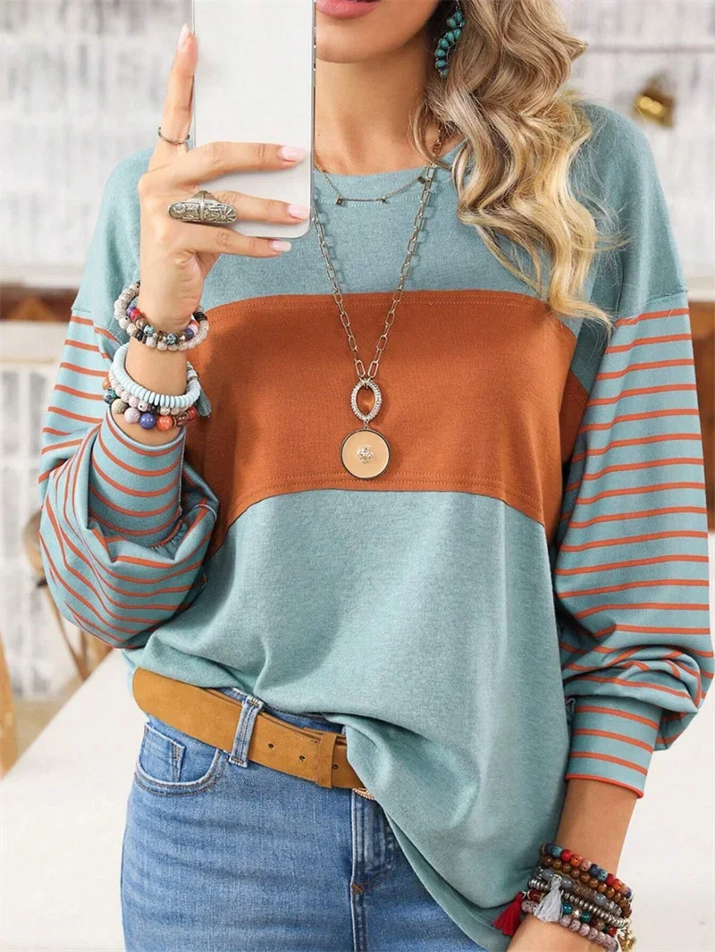 

Fashion Striped Lantern Long Sleeve T-Shirt Female New Colour Blocking Casual Women Top New Spring Autumn O Neck Loose Chic Tees