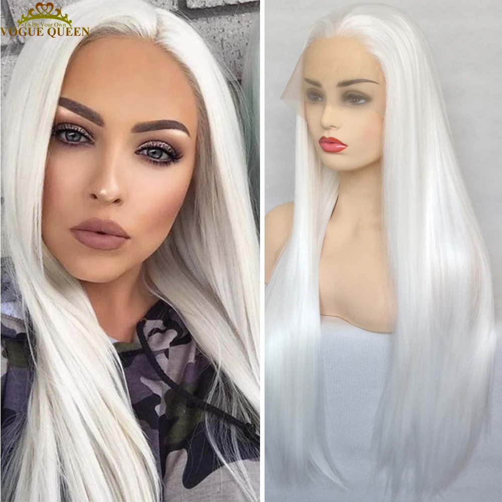 

Voguequeen Platinum White Synthetic Lace Front Wig Long Straight For Women Heat Resistant Fiber Natural Hairline Cosplay Wigs