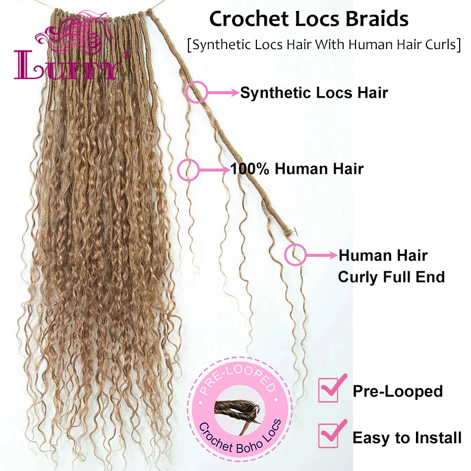 Pré-Loop Mel Loira Crochet Boho Locs, Tranças Encaracoladas, Cabelos Encaracolados, Full Ends para Mulheres, Cabelo Humano, Curls Cor #27