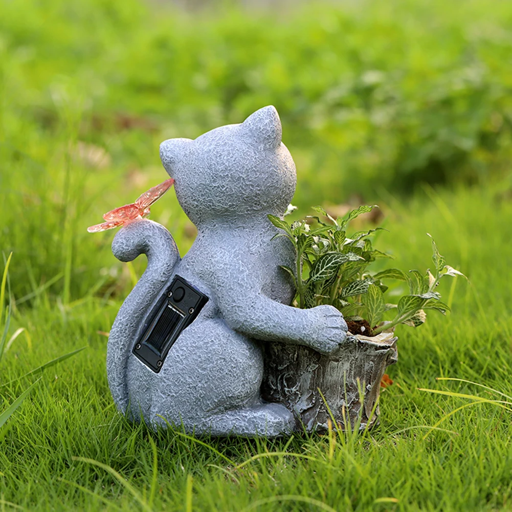 Solar Powered Cat Artwork Flower Pot Creative Kitten Succulent Pot with Light Cat Butterfly Planter Statue for Cabinet Backyard